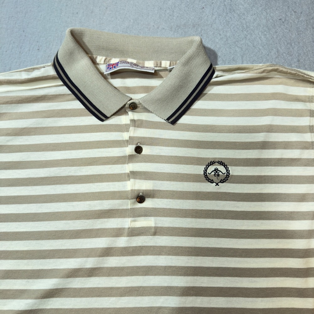 Slazenger Polo Shirt Mens XL‎ Beige Striped Cotton Vintage Golf Top Nostalgia
